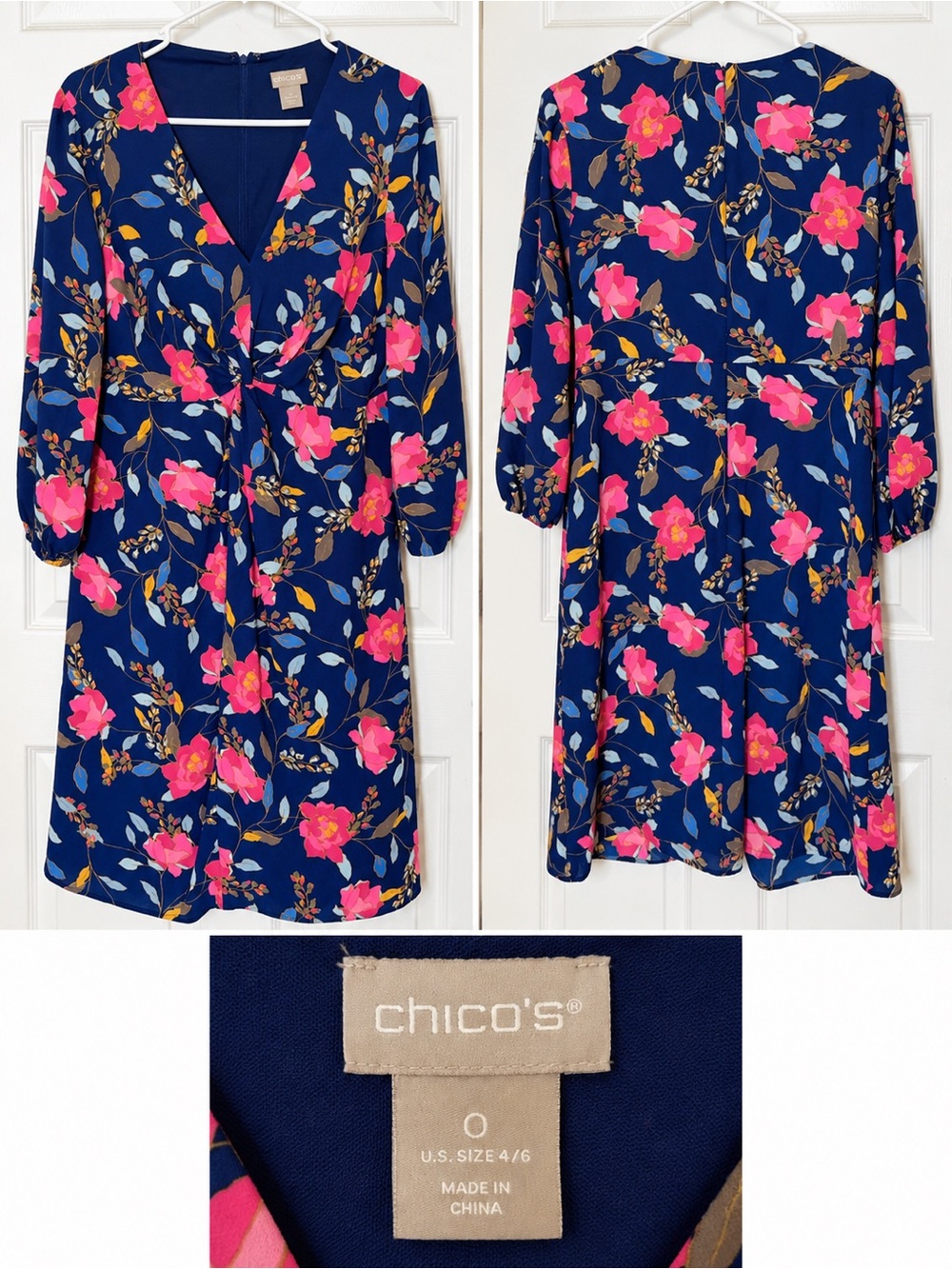 Chico’s Floral Gathered-Waist Dress Navy Blue Size 0 (4/6)